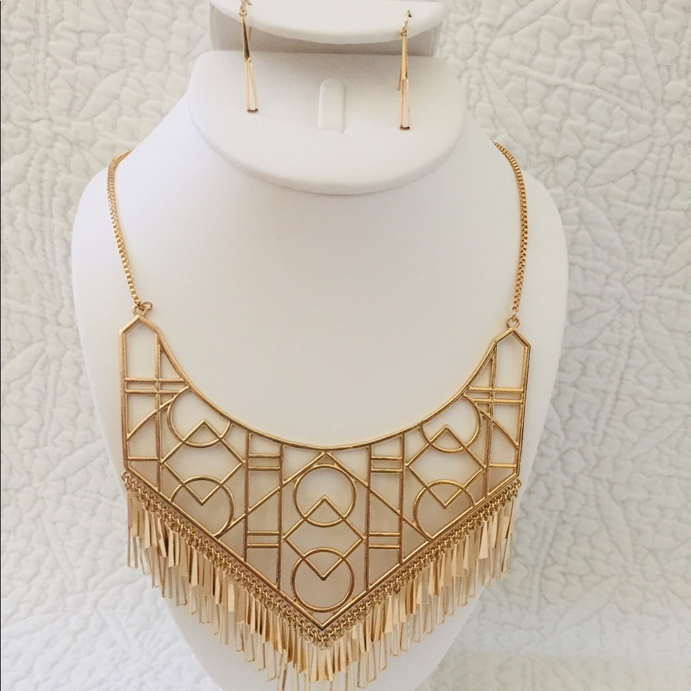 Gold bib geometric choker necklace jewelry set